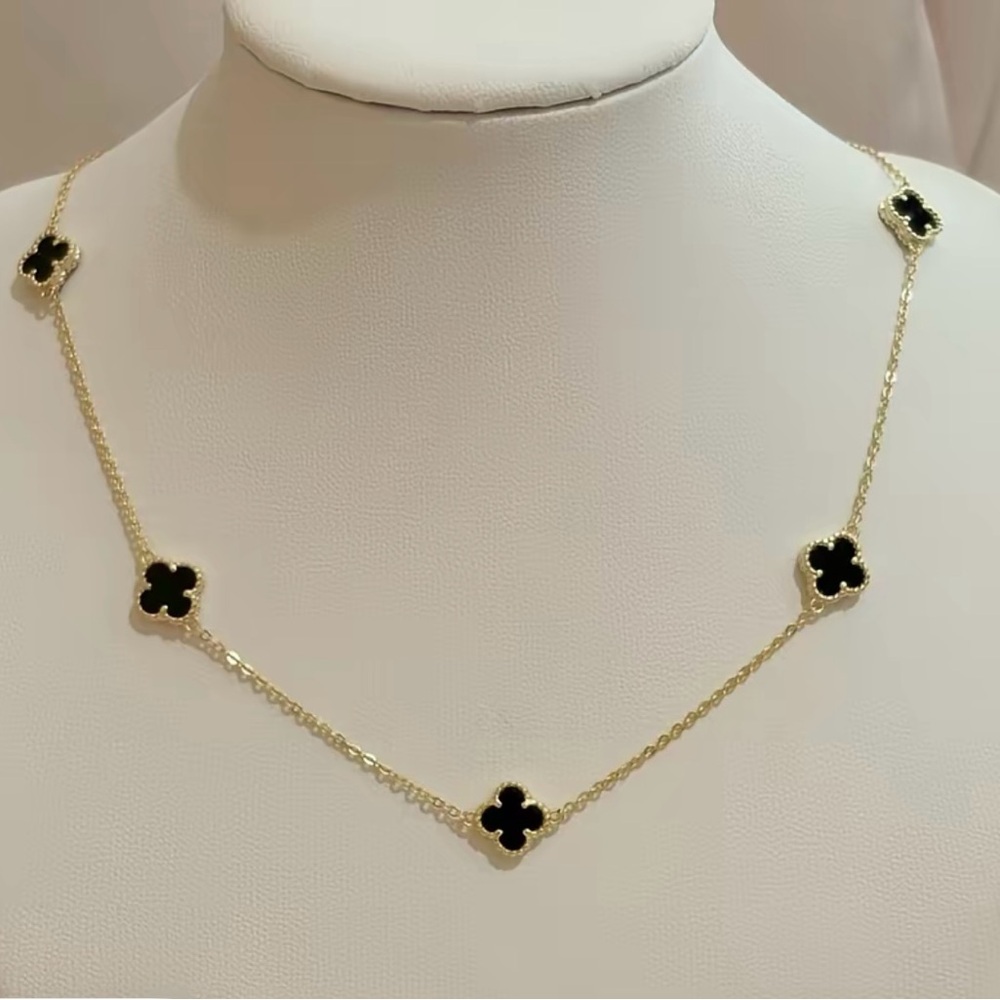 Gold Chain Necklace with Black Clover Motifs - Women Jewelry